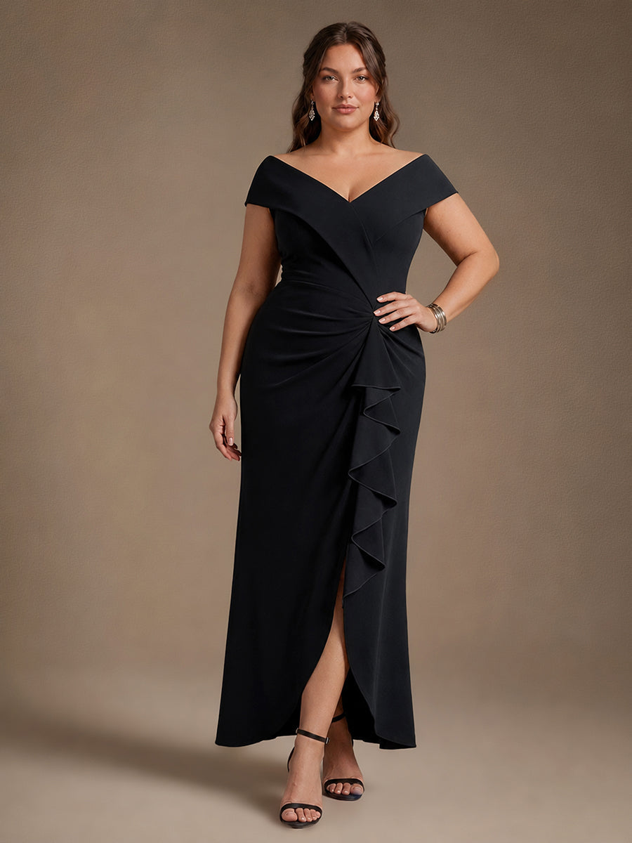 Ruffle Crepe Cap Sleeve Evening Dress
