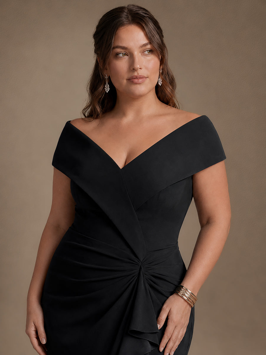 Ruffle Crepe Cap Sleeve Evening Dress