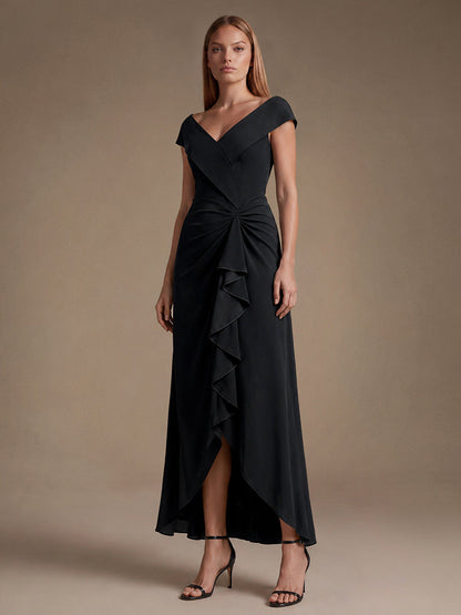 Ruffle Crepe Cap Sleeve Evening Dress
