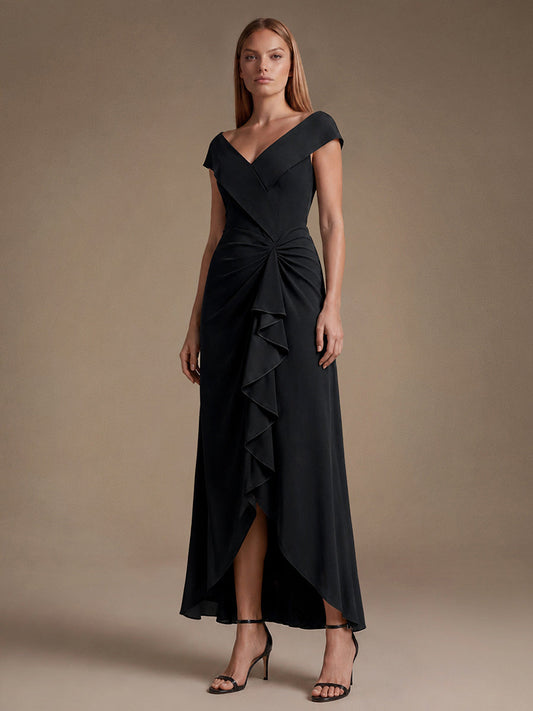 Ruffle Crepe Cap Sleeve Evening Dress