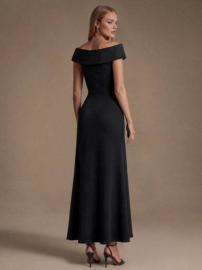 Ruffle Crepe Cap Sleeve Evening Dress