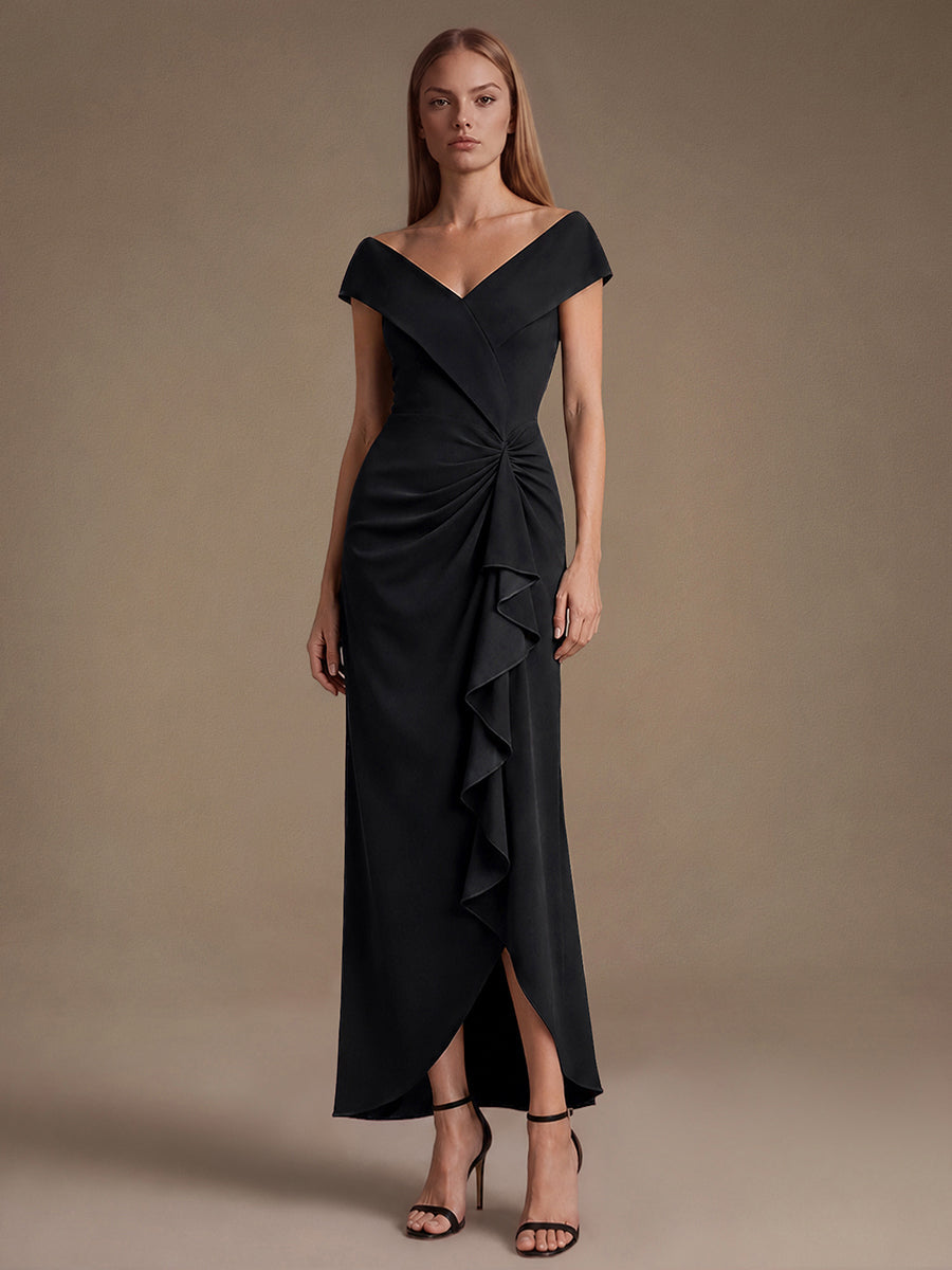 Ruffle Crepe Cap Sleeve Evening Dress