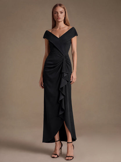 Ruffle Crepe Cap Sleeve Evening Dress