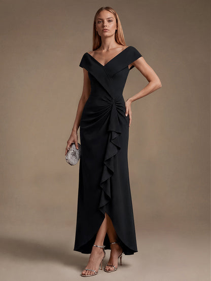 Ruffle Crepe Cap Sleeve Evening Dress