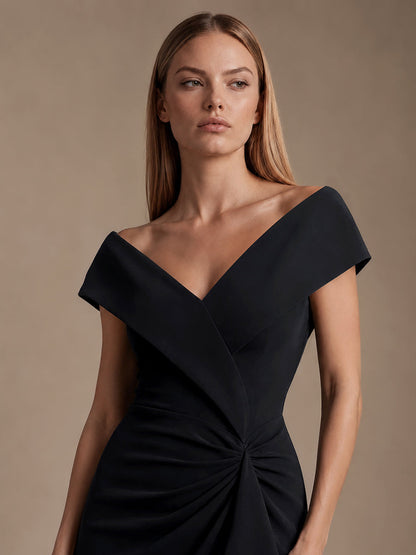 Ruffle Crepe Cap Sleeve Evening Dress