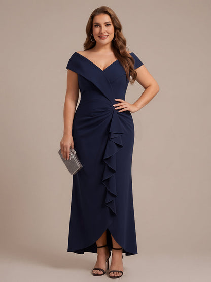 Ruffle Crepe Cap Sleeve Evening Dress
