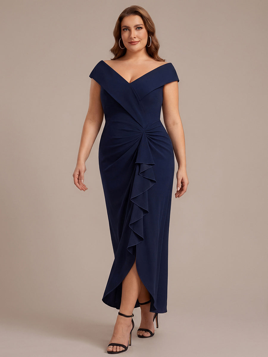 Ruffle Crepe Cap Sleeve Evening Dress