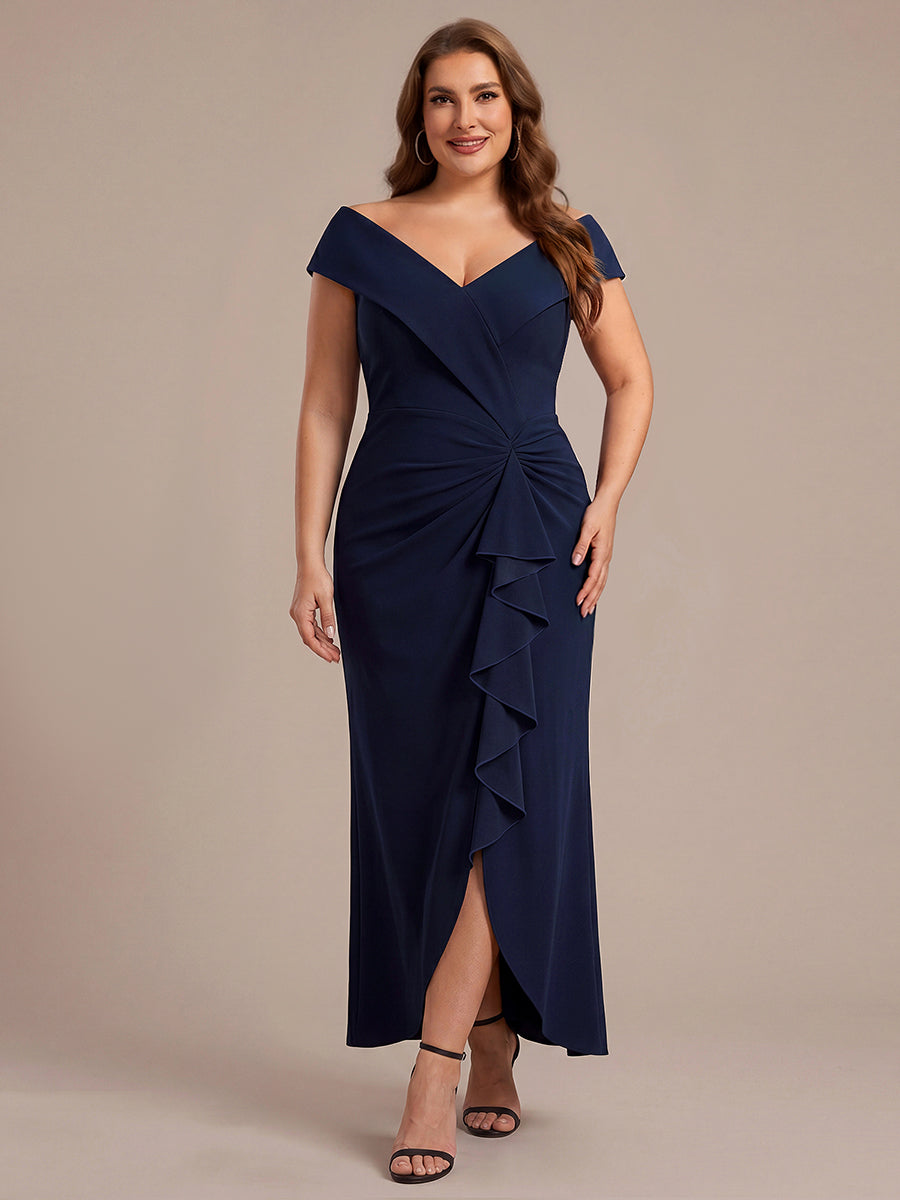 Ruffle Crepe Cap Sleeve Evening Dress