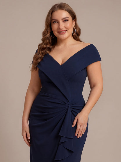 Ruffle Crepe Cap Sleeve Evening Dress