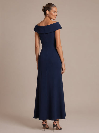 Ruffle Crepe Cap Sleeve Evening Dress