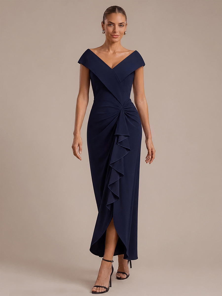 Ruffle Crepe Cap Sleeve Evening Dress