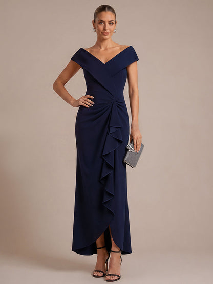 Ruffle Crepe Cap Sleeve Evening Dress