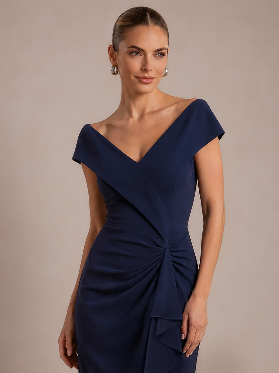 Ruffle Crepe Cap Sleeve Evening Dress