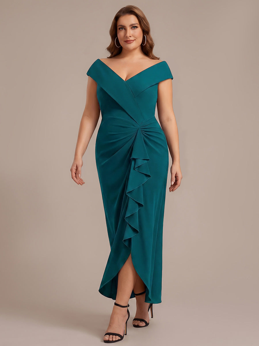 Ruffle Crepe Cap Sleeve Evening Dress