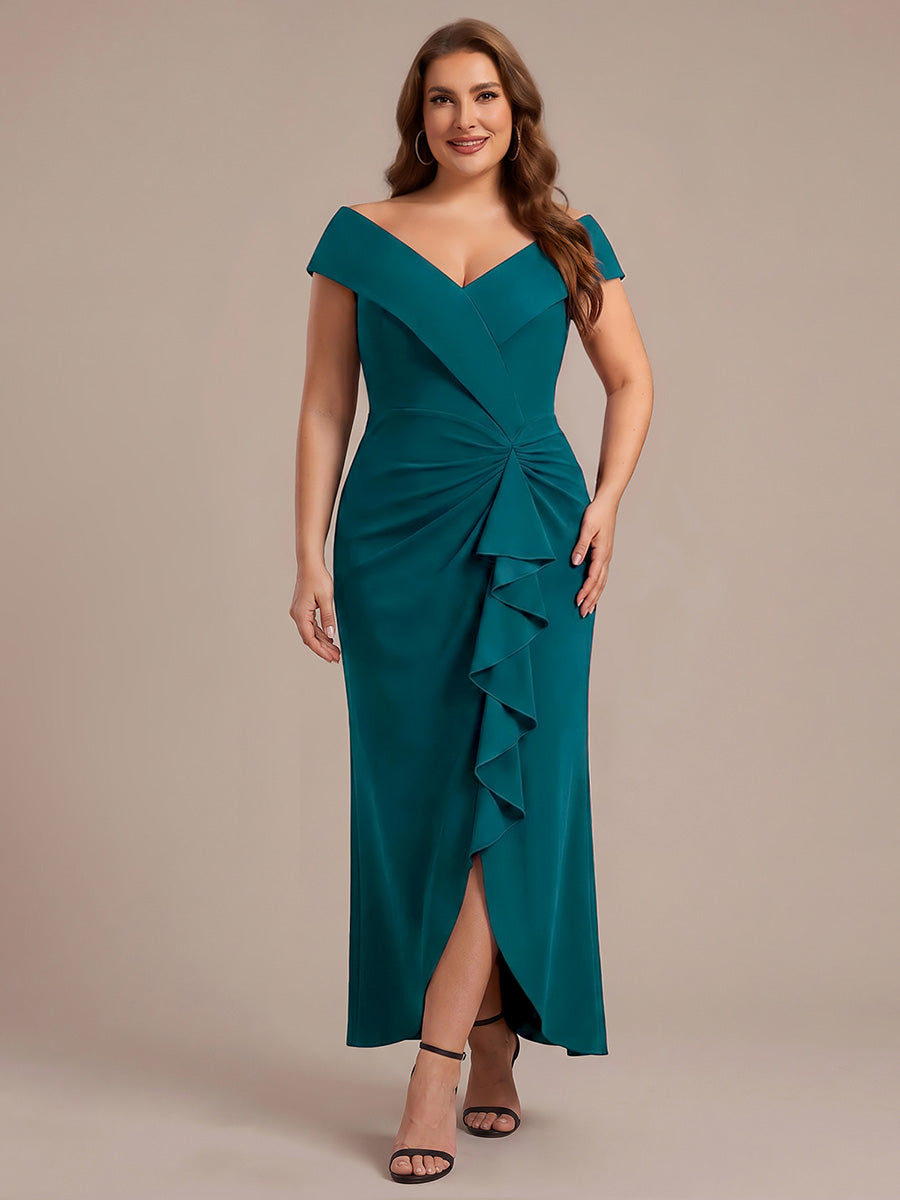 Ruffle Crepe Cap Sleeve Evening Dress