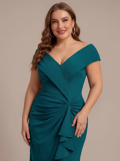 Ruffle Crepe Cap Sleeve Evening Dress