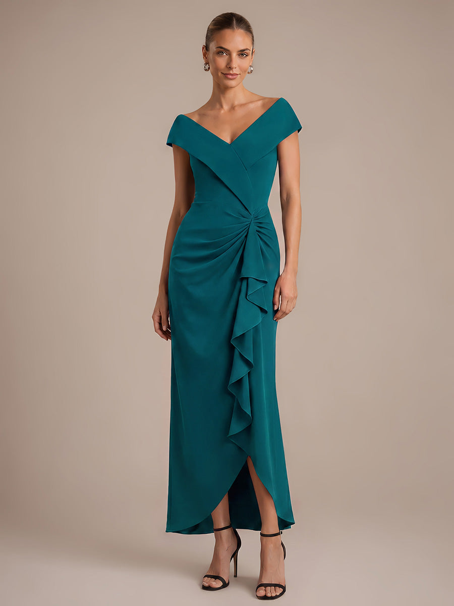 Ruffle Crepe Cap Sleeve Evening Dress