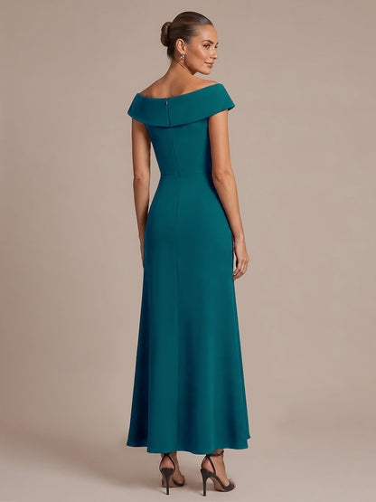 Ruffle Crepe Cap Sleeve Evening Dress