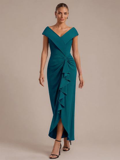 Ruffle Crepe Cap Sleeve Evening Dress
