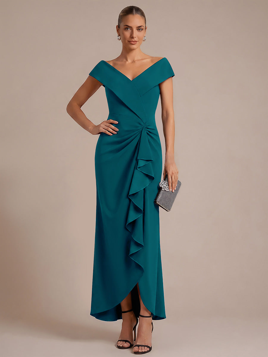 Ruffle Crepe Cap Sleeve Evening Dress