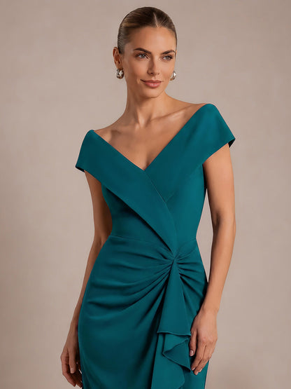 Ruffle Crepe Cap Sleeve Evening Dress