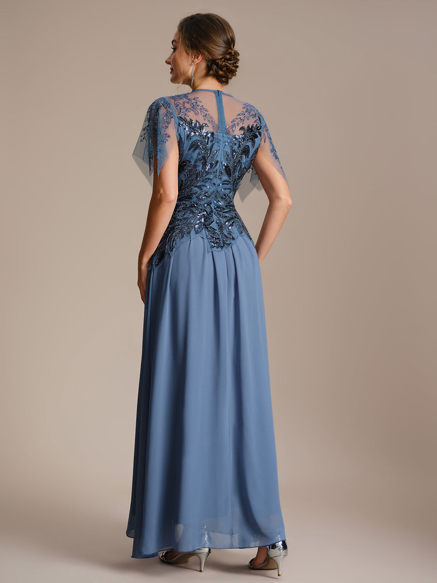 ever LUSTRE|Embroidered Sequin Ruffle Sleeve Black Tie Evening Dress