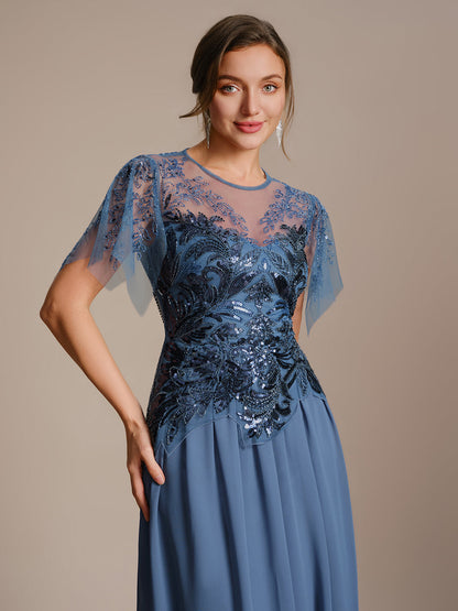 ever LUSTRE|Embroidered Sequin Ruffle Sleeve Black Tie Evening Dress