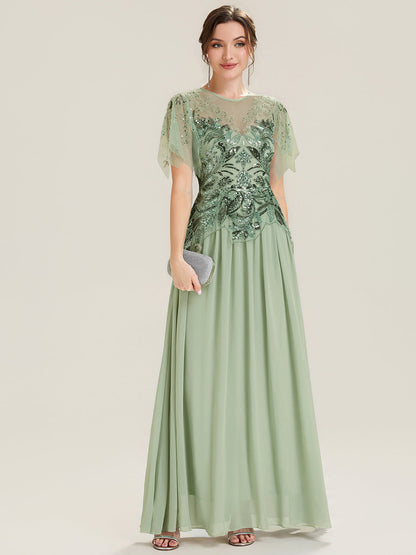 ever LUSTRE|Embroidered Sequin Ruffle Sleeve Black Tie Evening Dress