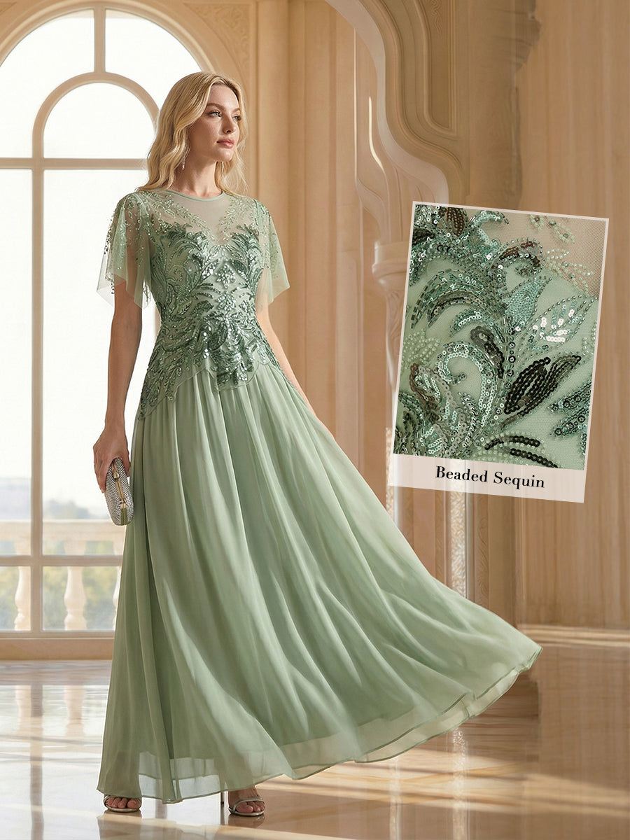 ever LUSTRE|Embroidered Sequin Ruffle Sleeve Black Tie Evening Dress