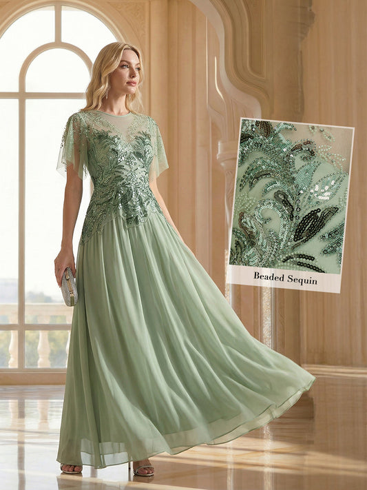 ever LUSTRE|Embroidered Sequin Ruffle Sleeve Black Tie Evening Dress