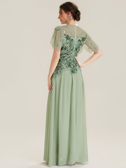 ever LUSTRE|Embroidered Sequin Ruffle Sleeve Black Tie Evening Dress