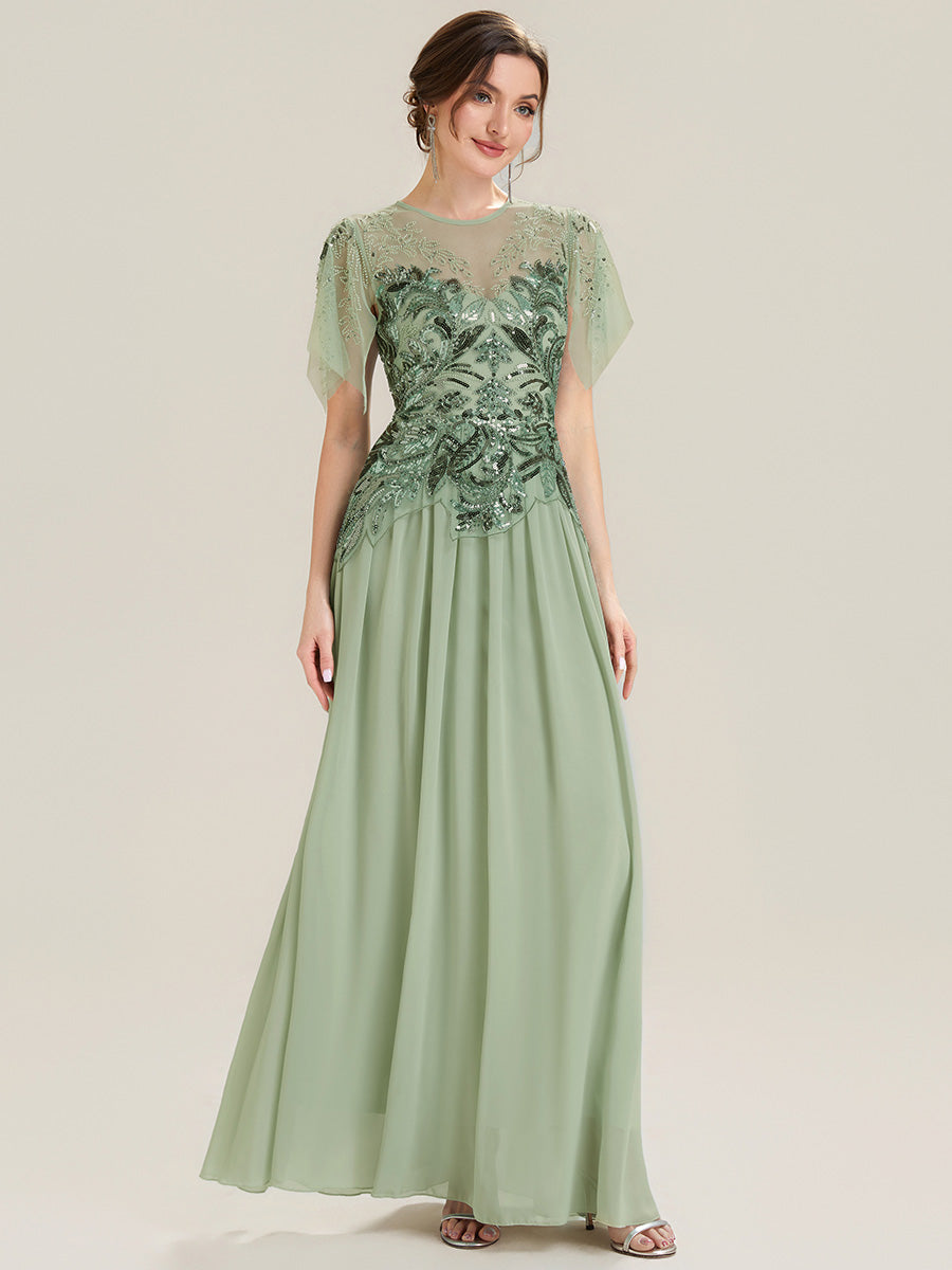 ever LUSTRE|Embroidered Sequin Ruffle Sleeve Black Tie Evening Dress