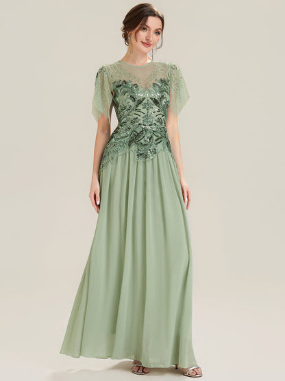 ever LUSTRE|Embroidered Sequin Ruffle Sleeve Black Tie Evening Dress