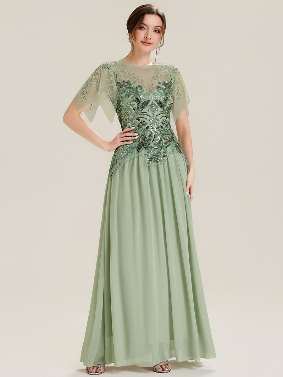 ever LUSTRE|Embroidered Sequin Ruffle Sleeve Black Tie Evening Dress