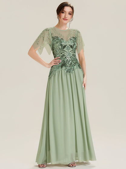 ever LUSTRE|Embroidered Sequin Ruffle Sleeve Black Tie Evening Dress