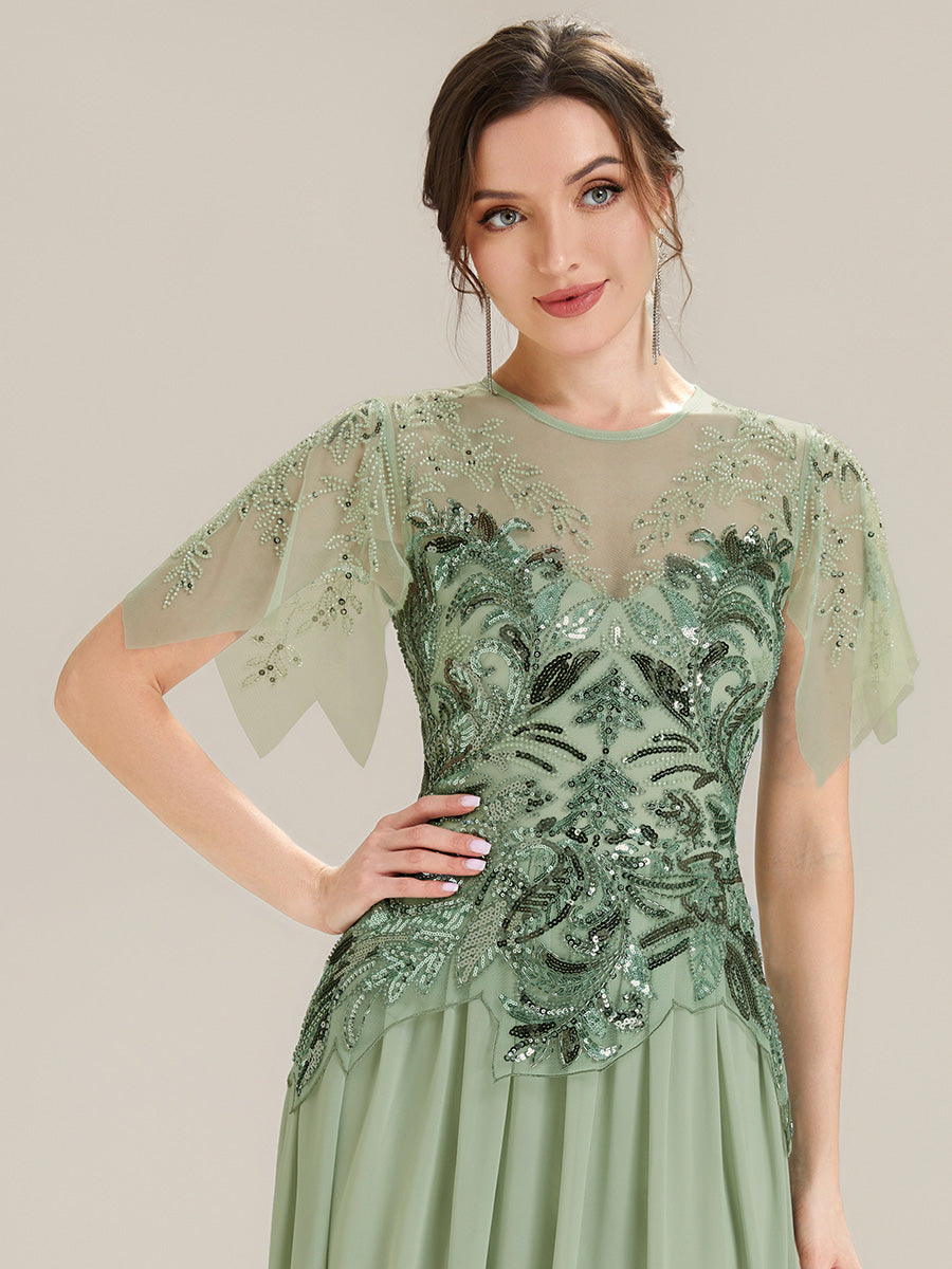 ever LUSTRE|Embroidered Sequin Ruffle Sleeve Black Tie Evening Dress