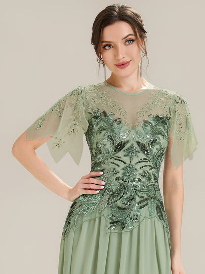 ever LUSTRE|Embroidered Sequin Ruffle Sleeve Black Tie Evening Dress