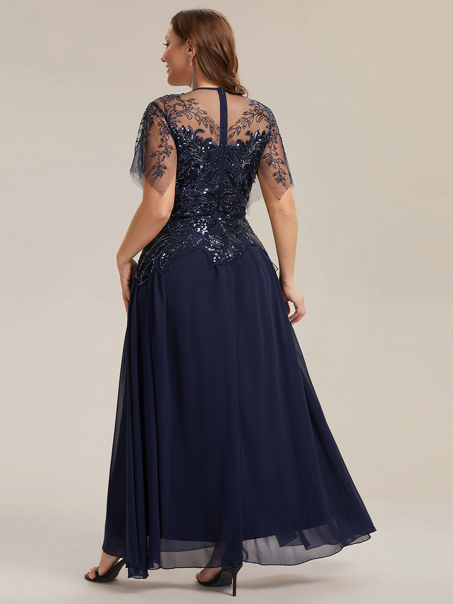 ever LUSTRE|Embroidered Sequin Ruffle Sleeve Black Tie Evening Dress