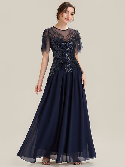 ever LUSTRE|Embroidered Sequin Ruffle Sleeve Black Tie Evening Dress
