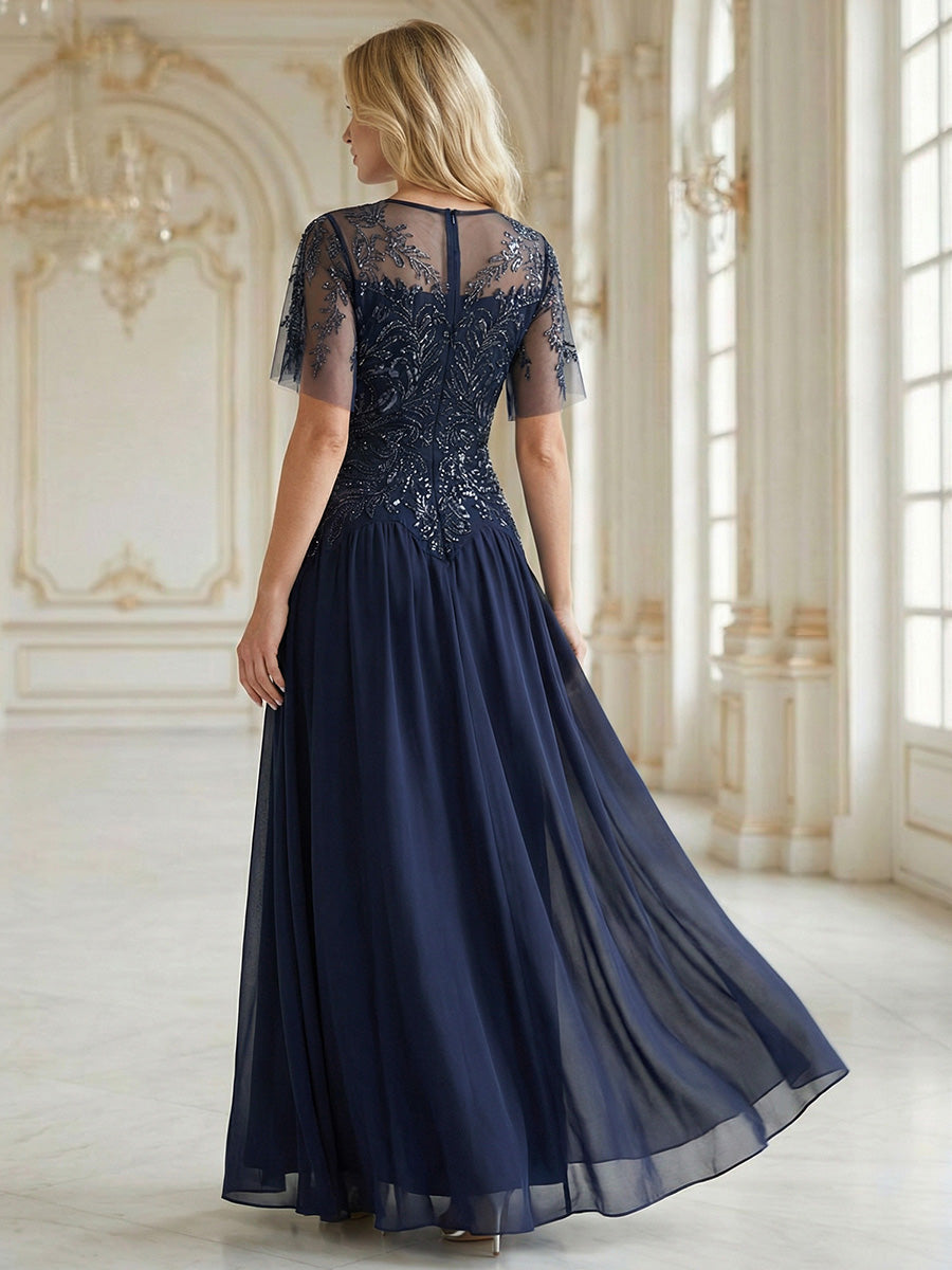 ever LUSTRE|Embroidered Sequin Ruffle Sleeve Black Tie Evening Dress