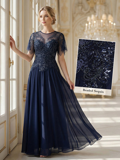 ever LUSTRE|Embroidered Sequin Ruffle Sleeve Black Tie Evening Dress
