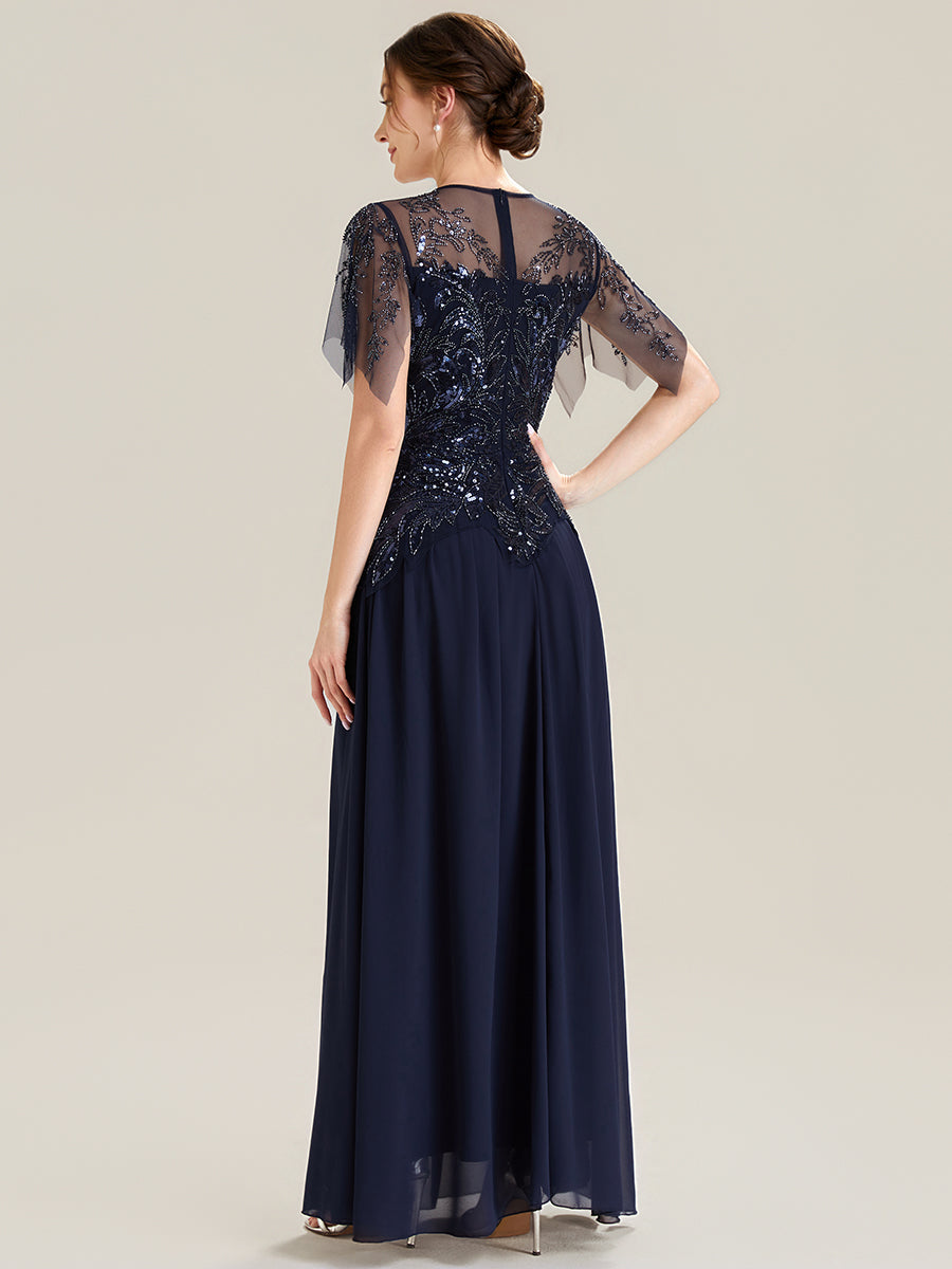 ever LUSTRE|Embroidered Sequin Ruffle Sleeve Black Tie Evening Dress