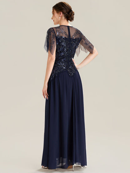 ever LUSTRE|Embroidered Sequin Ruffle Sleeve Black Tie Evening Dress