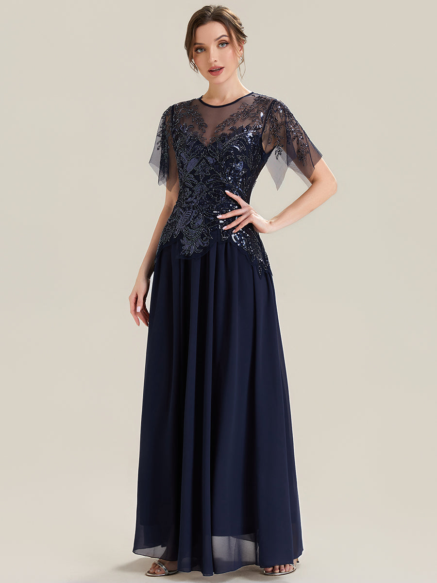 ever LUSTRE|Embroidered Sequin Ruffle Sleeve Black Tie Evening Dress
