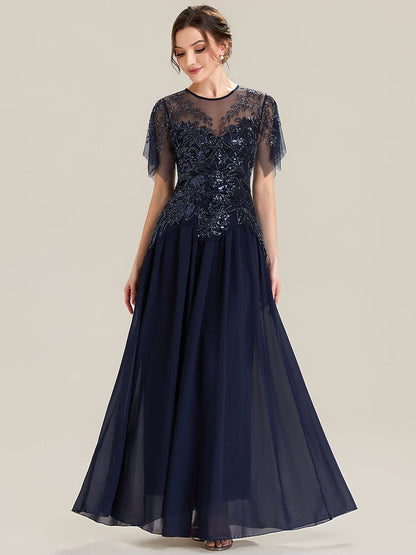 ever LUSTRE|Embroidered Sequin Ruffle Sleeve Black Tie Evening Dress