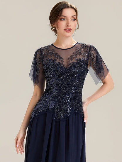 ever LUSTRE|Embroidered Sequin Ruffle Sleeve Black Tie Evening Dress