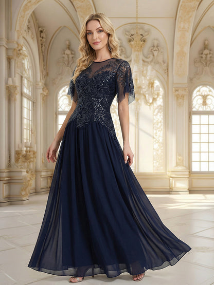 ever LUSTRE|Embroidered Sequin Ruffle Sleeve Black Tie Evening Dress