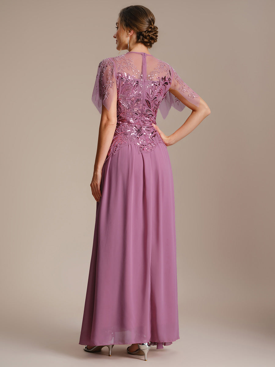 ever LUSTRE|Embroidered Sequin Ruffle Sleeve Black Tie Evening Dress