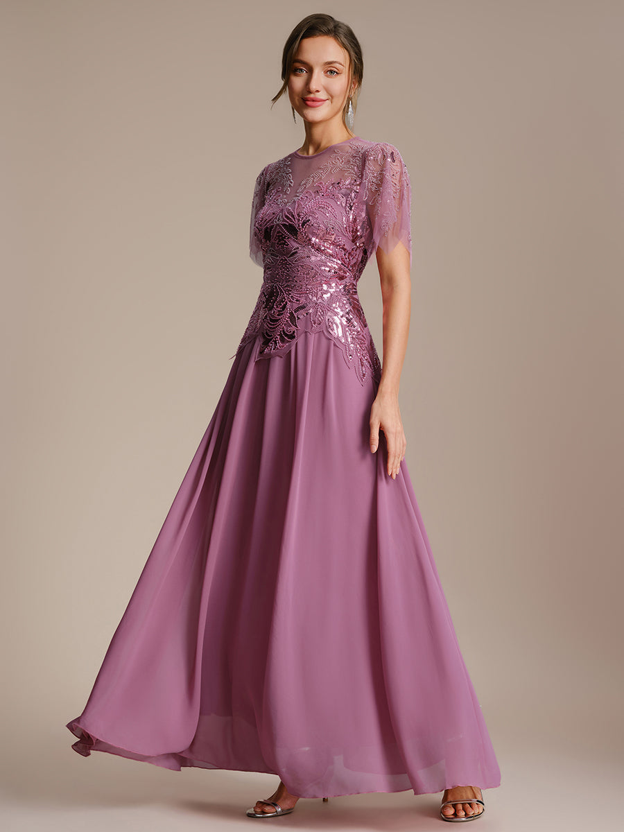 ever LUSTRE|Embroidered Sequin Ruffle Sleeve Black Tie Evening Dress