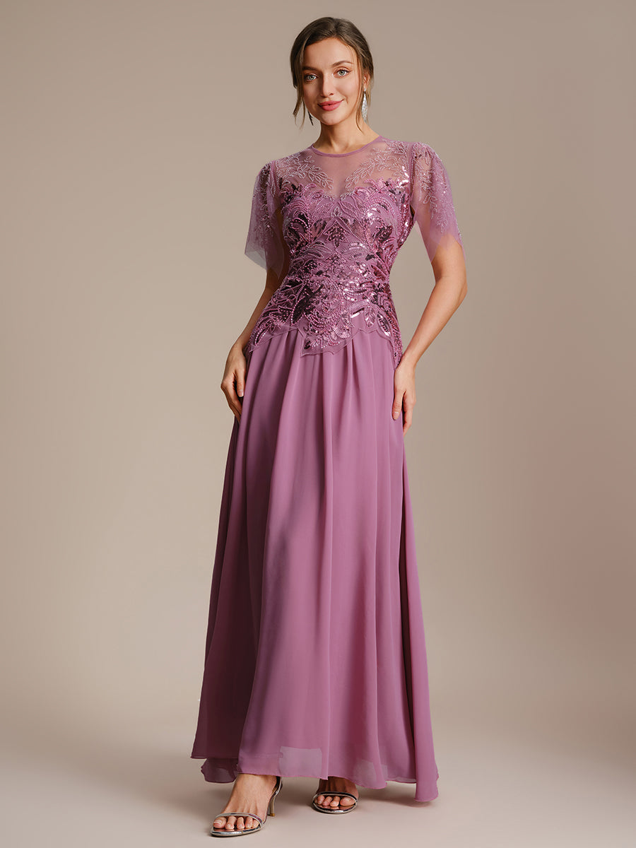 ever LUSTRE|Embroidered Sequin Ruffle Sleeve Black Tie Evening Dress